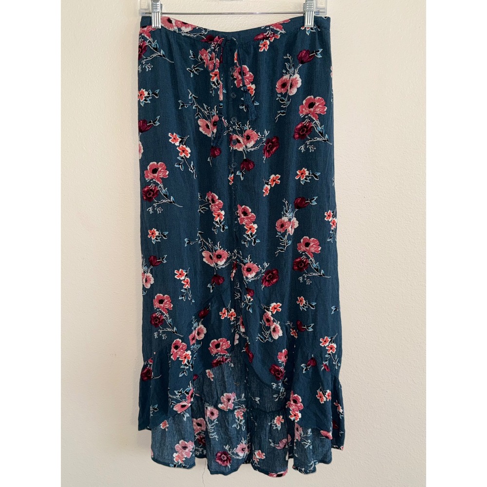 B.O.G Collective Teal Floral High-Low Maxi Skirt Button Front Tassels Medium